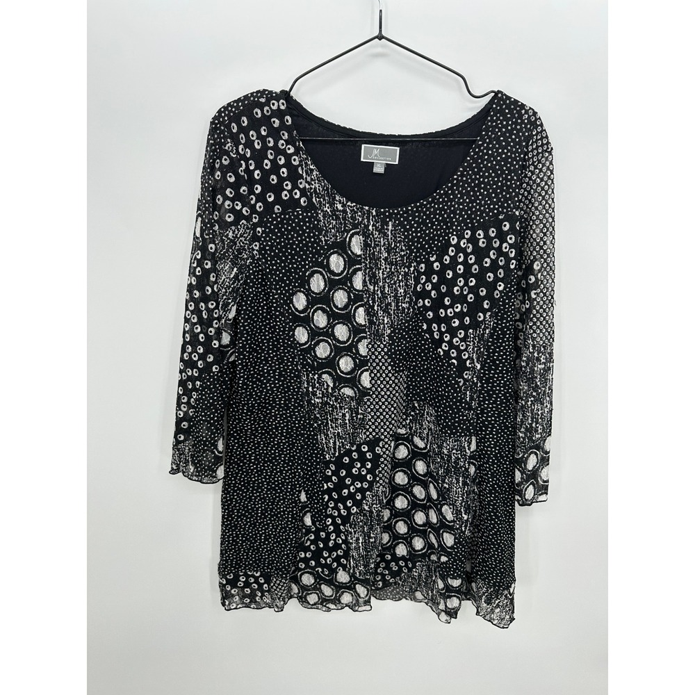 JM Collection XL Black White Mesh Overlay Tunic‎ Top Abstract Dot Stretch